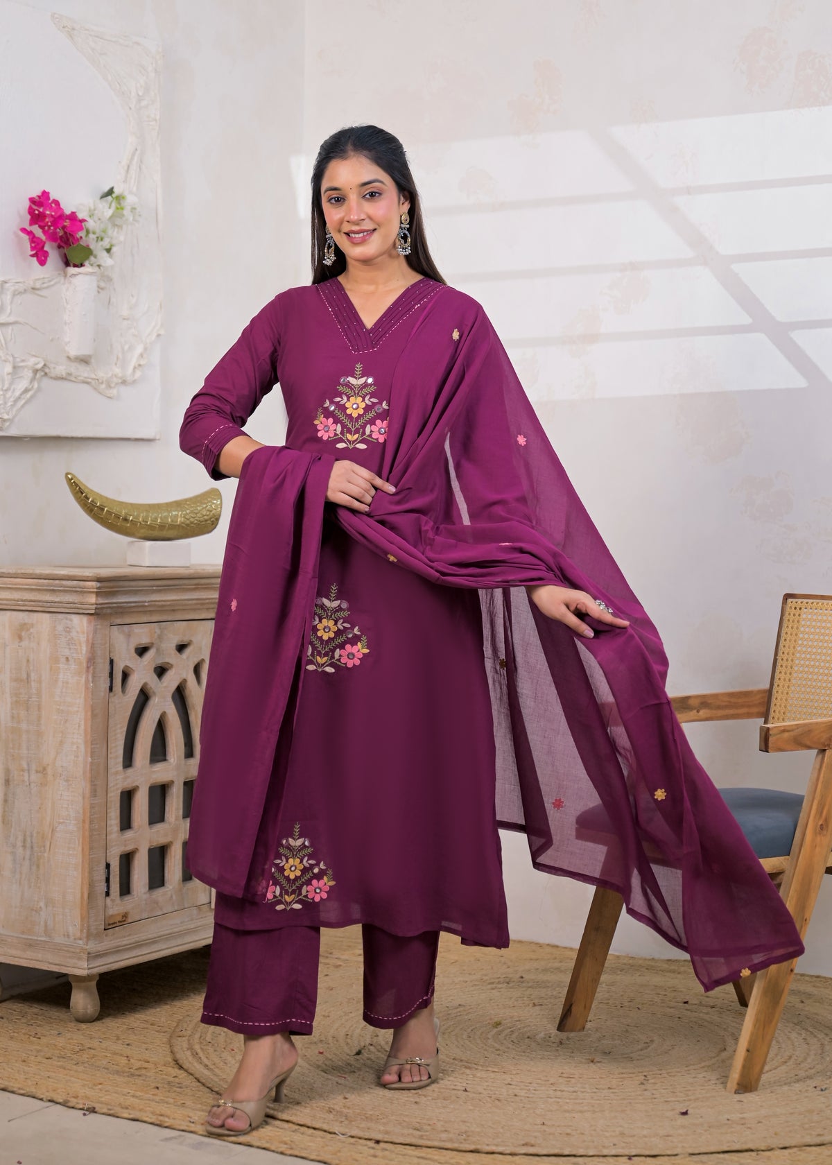 3-Piece Embroidered V-Neck Kurta Pant Set with Dupatta