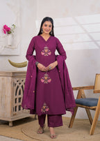 3-Piece Embroidered V-Neck Kurta Pant Set with Dupatta