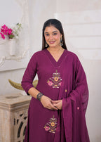 3-Piece Embroidered V-Neck Kurta Pant Set with Dupatta