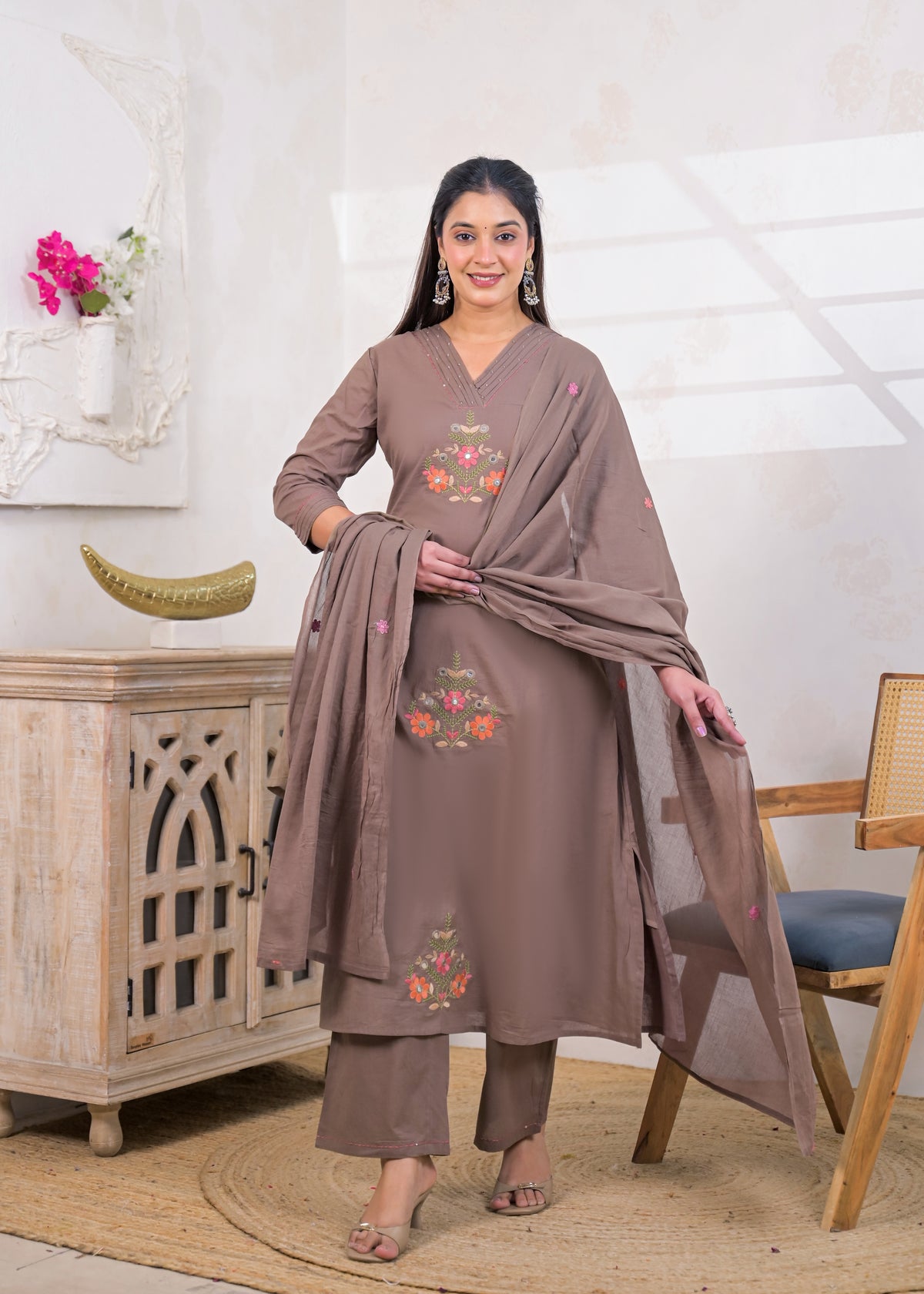 3-Piece Embroidered V-Neck Kurta Pant Set with Dupatta