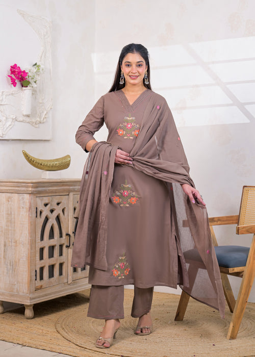 3-Piece Embroidered V-Neck Kurta Pant Set with Dupatta