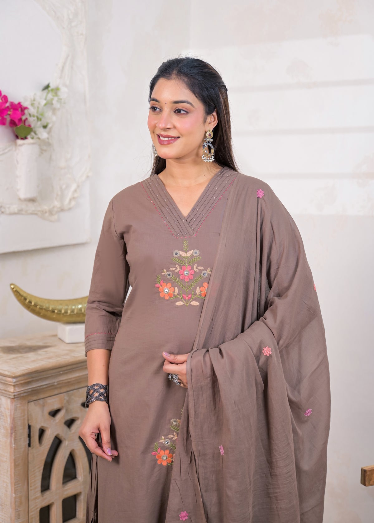 3-Piece Embroidered V-Neck Kurta Pant Set with Dupatta