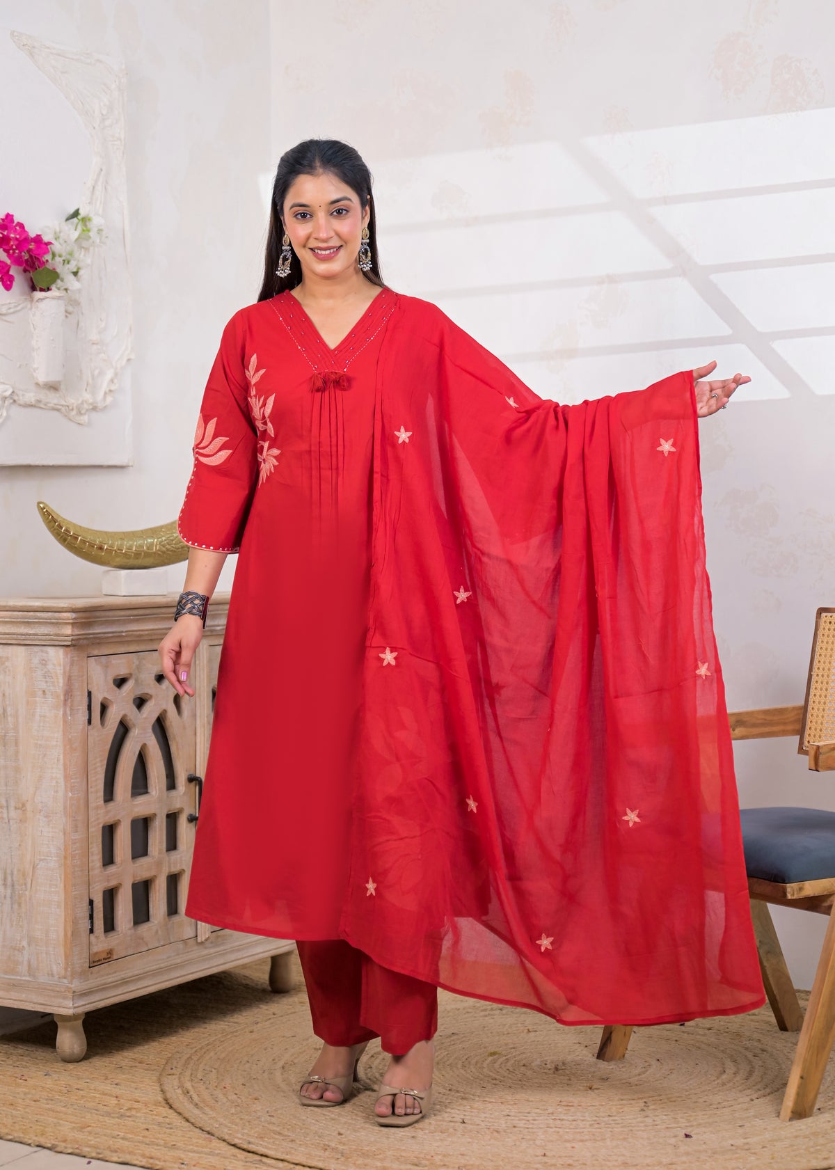 3-Piece Embroidered V-Neck Kurta Pant Set with Dupatta