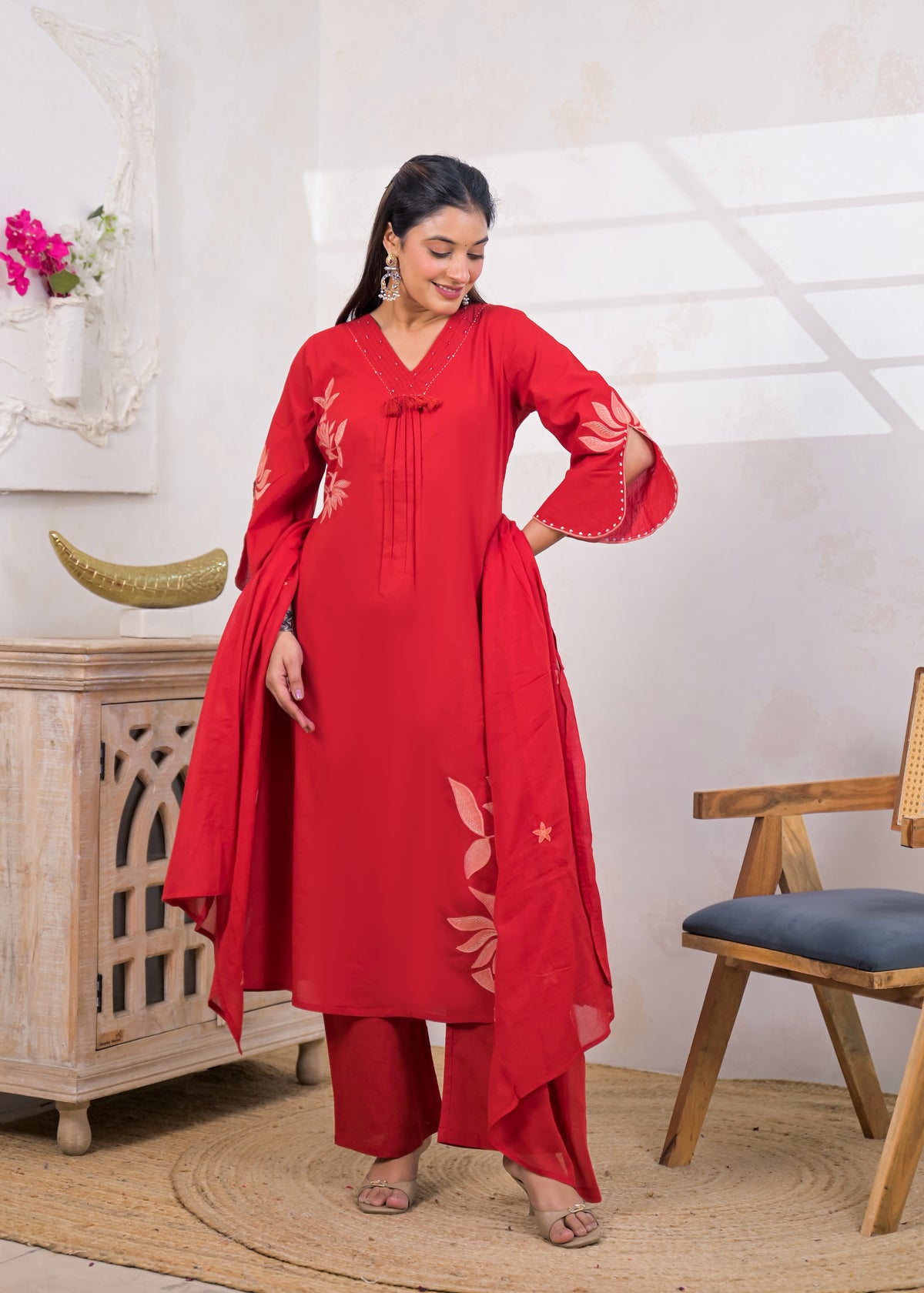 3-Piece Embroidered V-Neck Kurta Pant Set with Dupatta