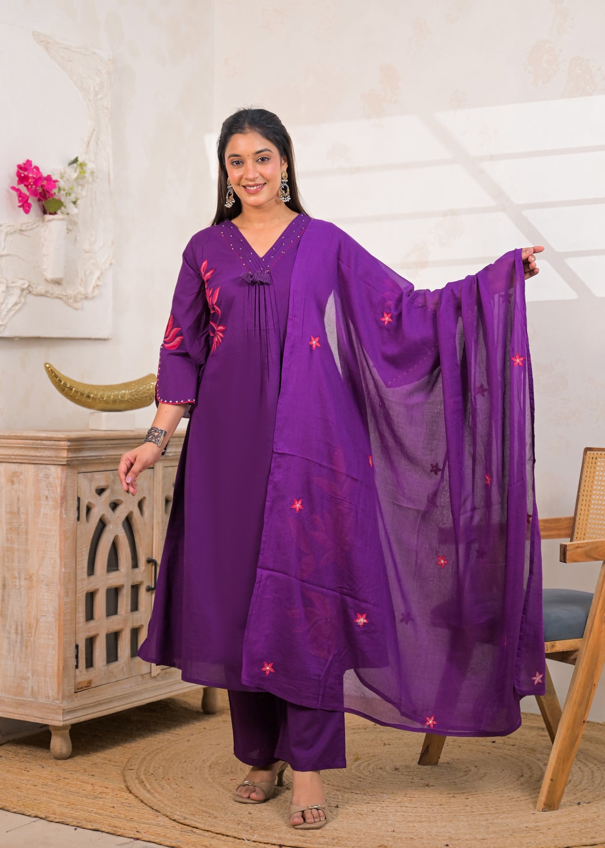 3-Piece Embroidered V-Neck Kurta Pant Set with Dupatta