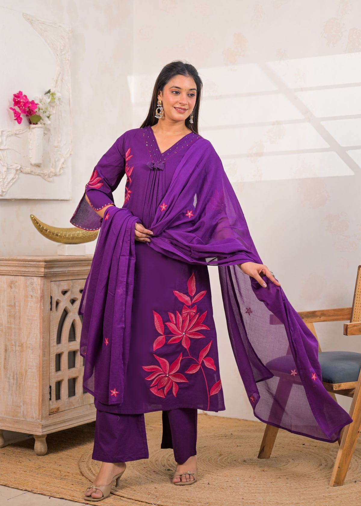 3-Piece Embroidered V-Neck Kurta Pant Set with Dupatta