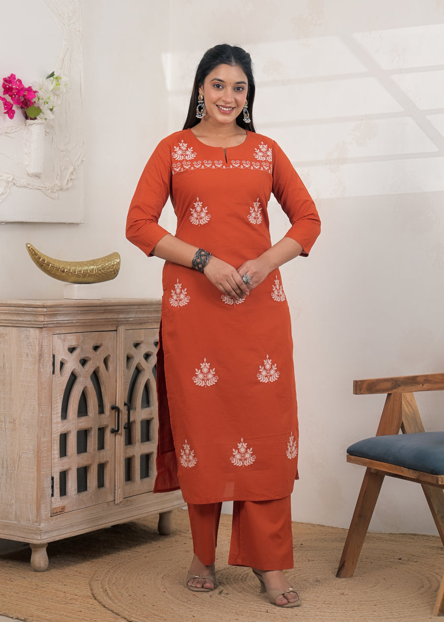 2-Piece Embroidered Slit-Neck Kurti Pant Set