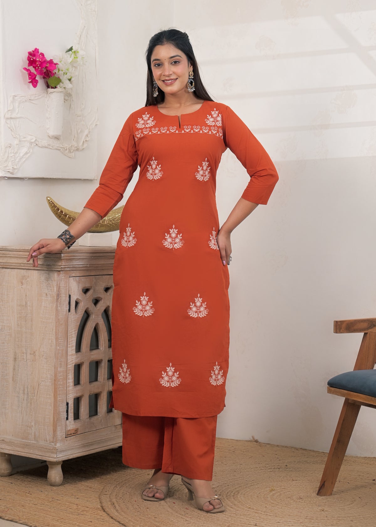 2-Piece Embroidered Slit-Neck Kurti Pant Set