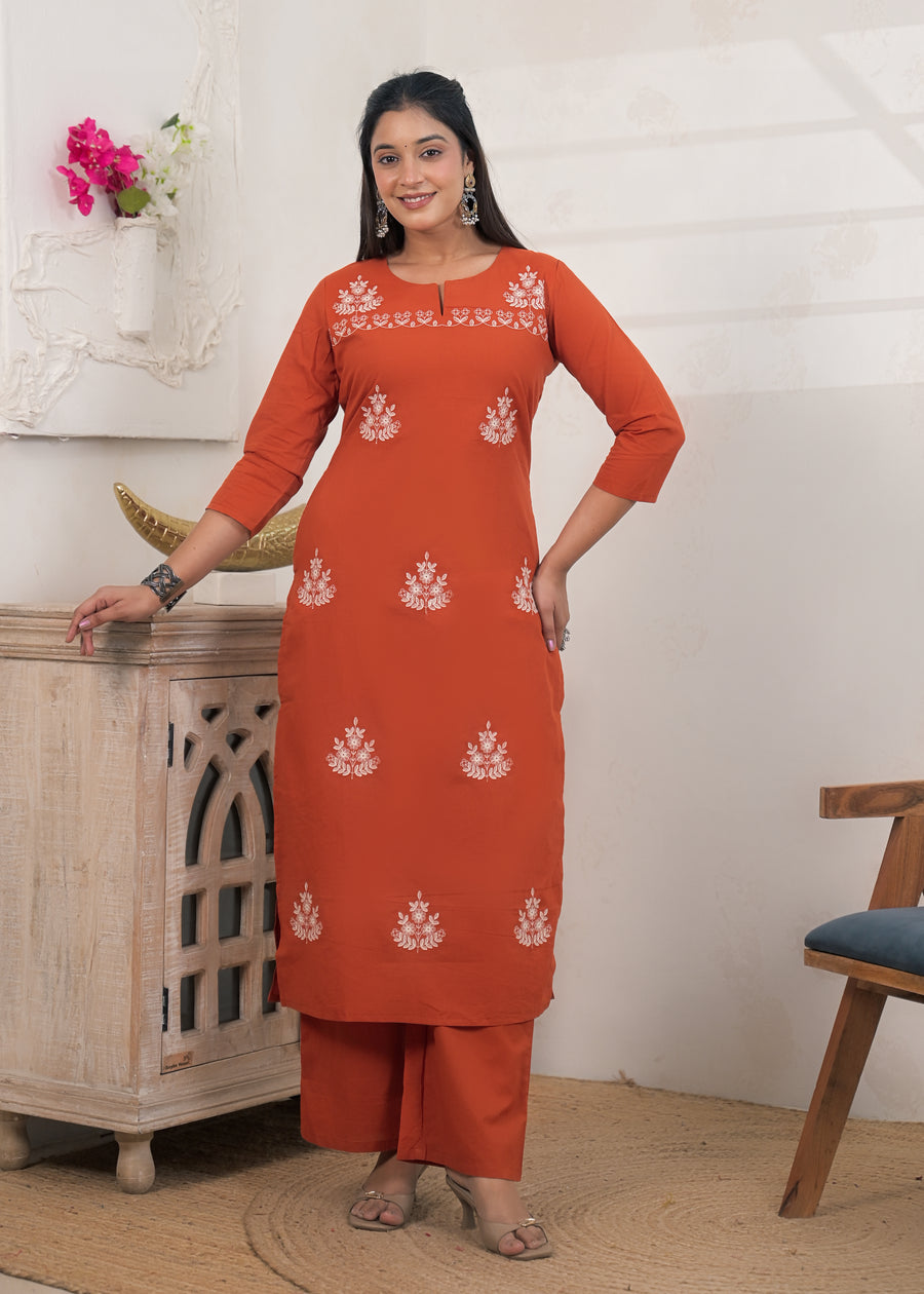 2-Piece Embroidered Slit-Neck Kurti Pant Set