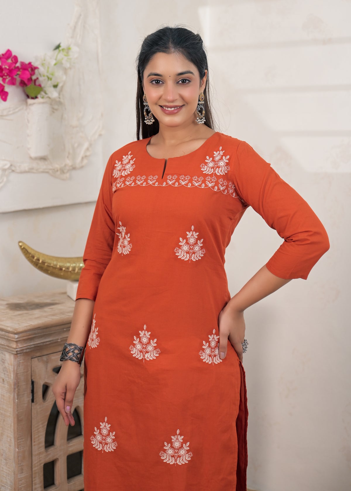 2-Piece Embroidered Slit-Neck Kurti Pant Set