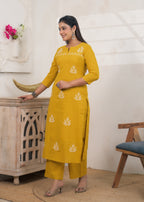 2-Piece Embroidered Slit-Neck Kurti Pant Set