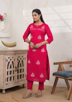 2-Piece Embroidered Slit-Neck Kurti Pant Set