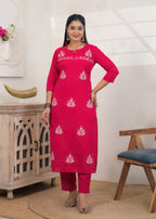 2-Piece Embroidered Slit-Neck Kurti Pant Set