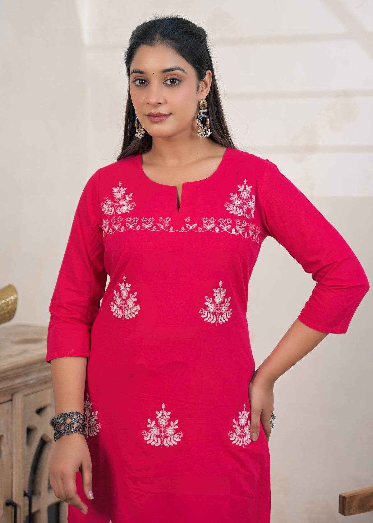 2-Piece Embroidered Slit-Neck Kurti Pant Set