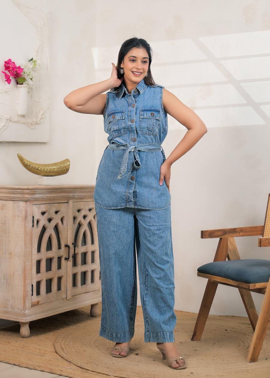 2-Piece Sleeveless Belted Denim Co-Ord Set