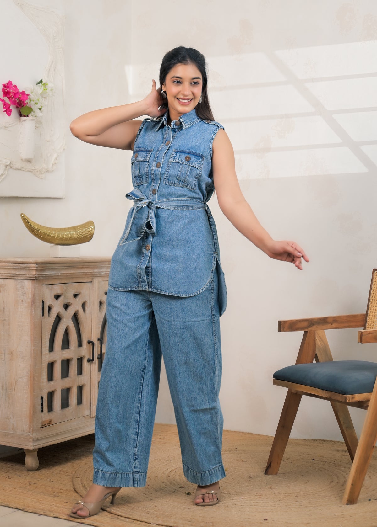2-Piece Sleeveless Belted Denim Co-Ord Set