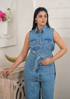 2-Piece Sleeveless Belted Denim Co-Ord Set