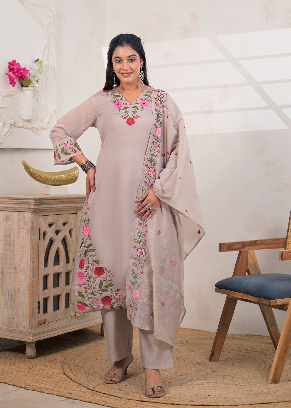 Women's Floral Embroidered Straight Kurta Pant Set with Matching Dupatta