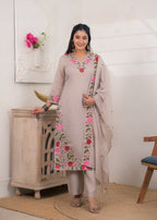 Women's Floral Embroidered Straight Kurta Pant Set with Matching Dupatta