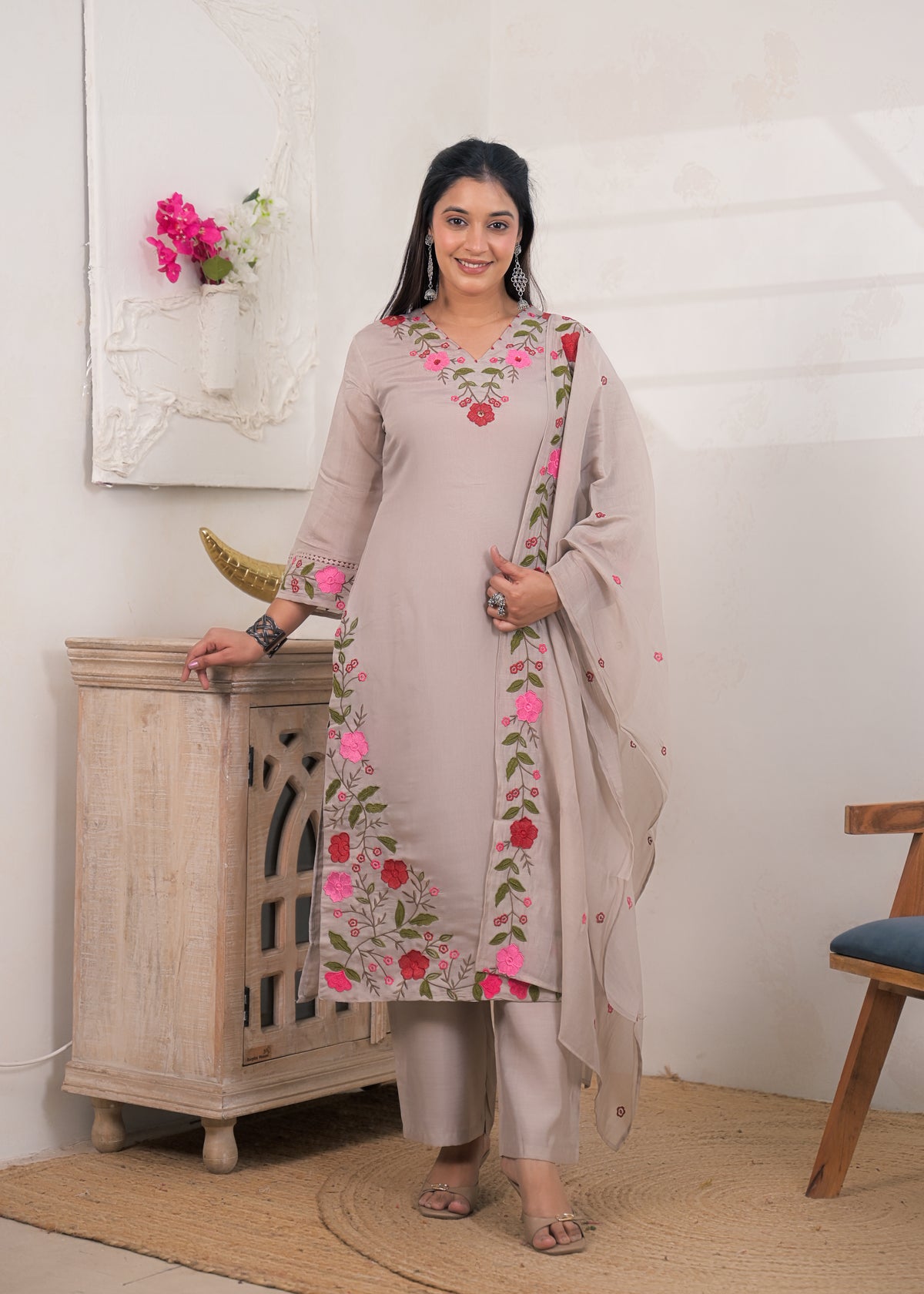 Women's Floral Embroidered Straight Kurta Pant Set with Matching Dupatta