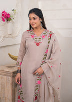 Women's Floral Embroidered Straight Kurta Pant Set with Matching Dupatta
