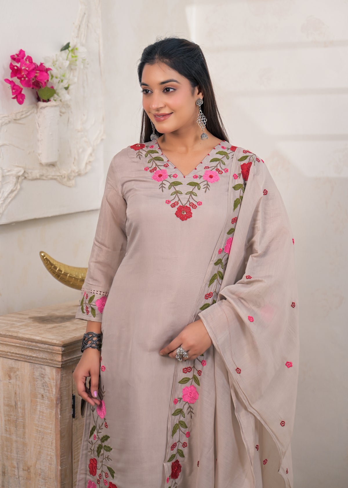 Women's Floral Embroidered Straight Kurta Pant Set with Matching Dupatta