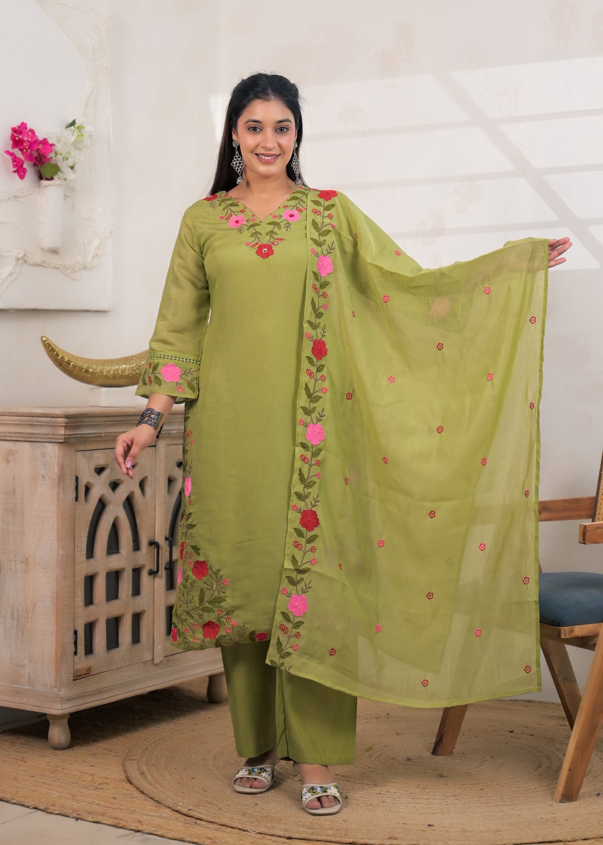 Women's Floral Embroidered Straight Kurta Pant Set with Matching Dupatta