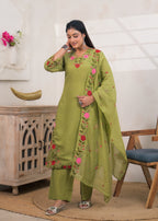 Women's Floral Embroidered Straight Kurta Pant Set with Matching Dupatta