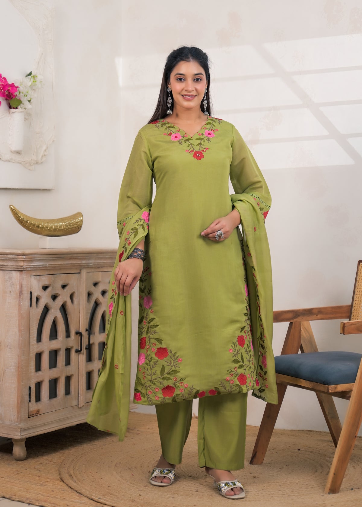 Women's Floral Embroidered Straight Kurta Pant Set with Matching Dupatta