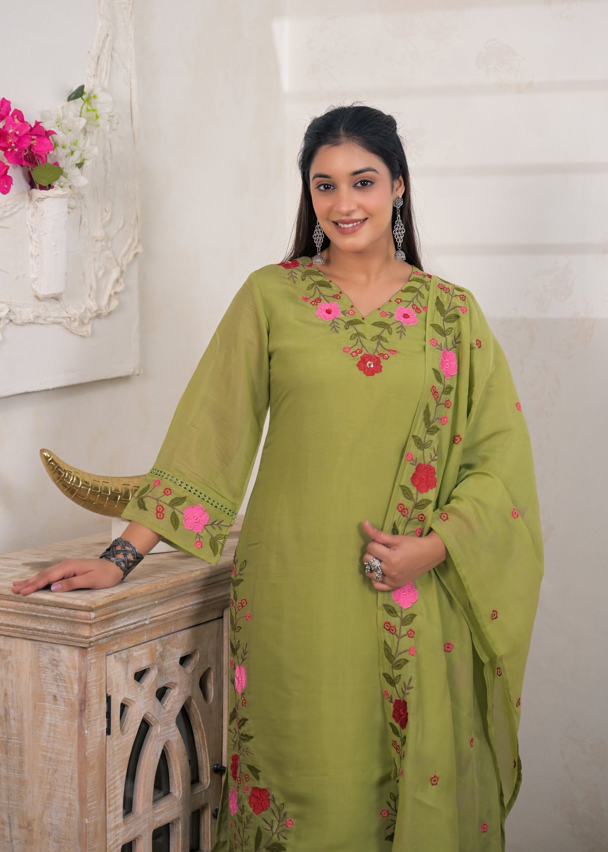 Women's Floral Embroidered Straight Kurta Pant Set with Matching Dupatta