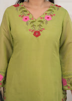 Women's Floral Embroidered Straight Kurta Pant Set with Matching Dupatta