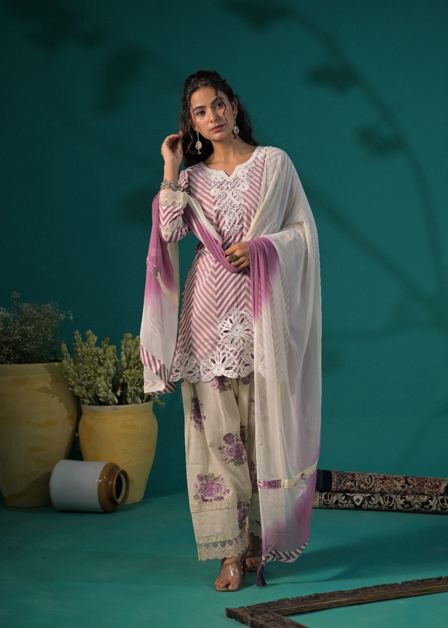Women's Embroidered Straight Kurta with Floral Farshi  and Dupatta Set