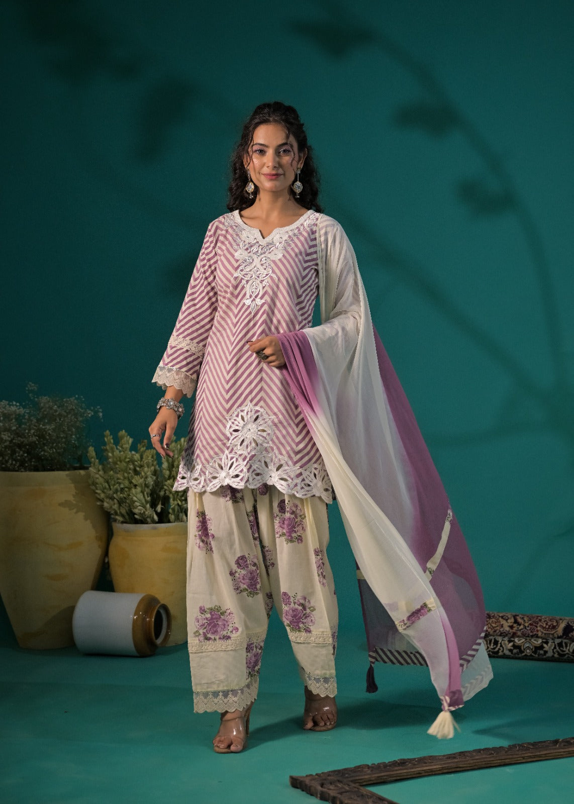Women's Embroidered Straight Kurta with Floral Farshi  and Dupatta Set