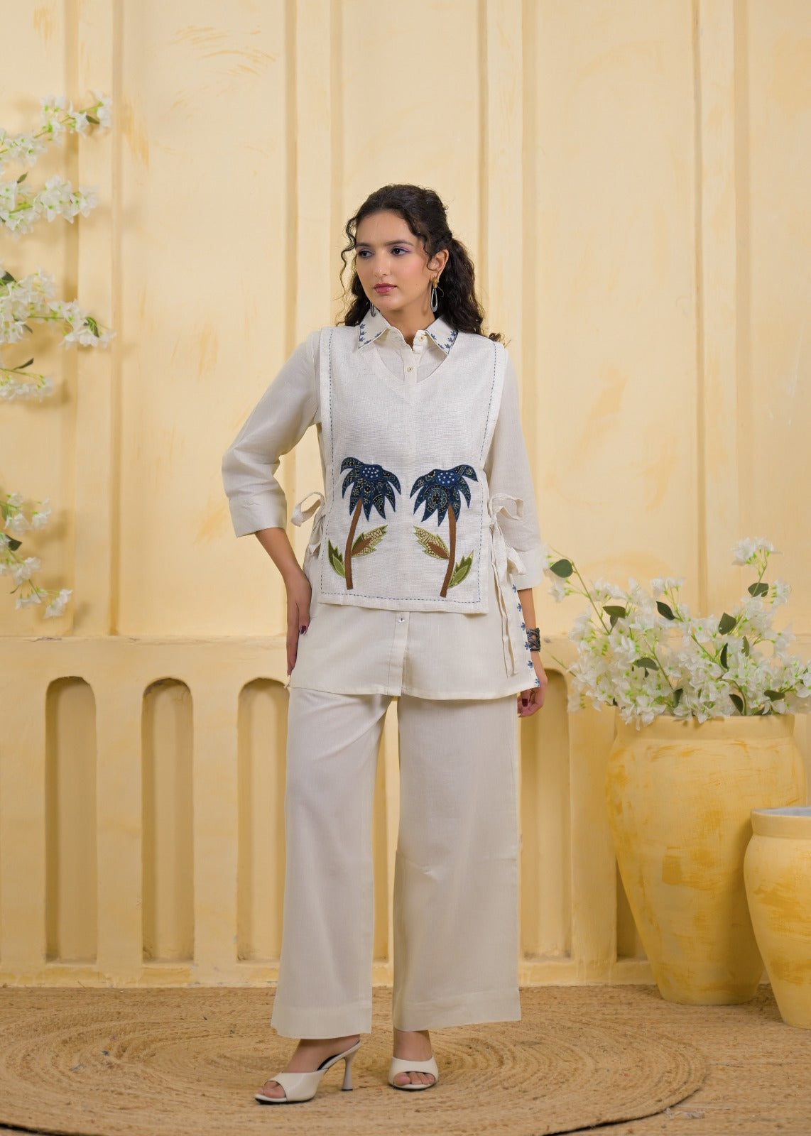 Handcrafted Palm Embroidered Layered Tunic Vest Co-ord Set