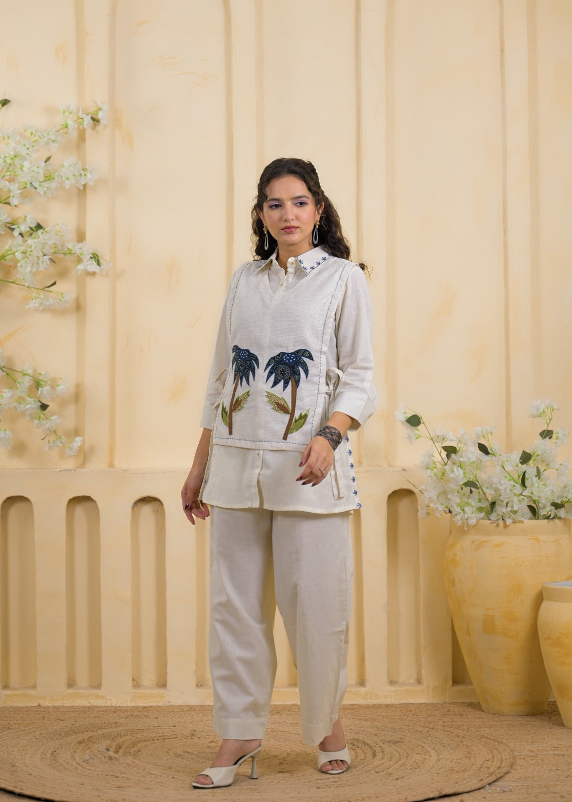 Handcrafted Palm Embroidered Layered Tunic Vest Co-ord Set