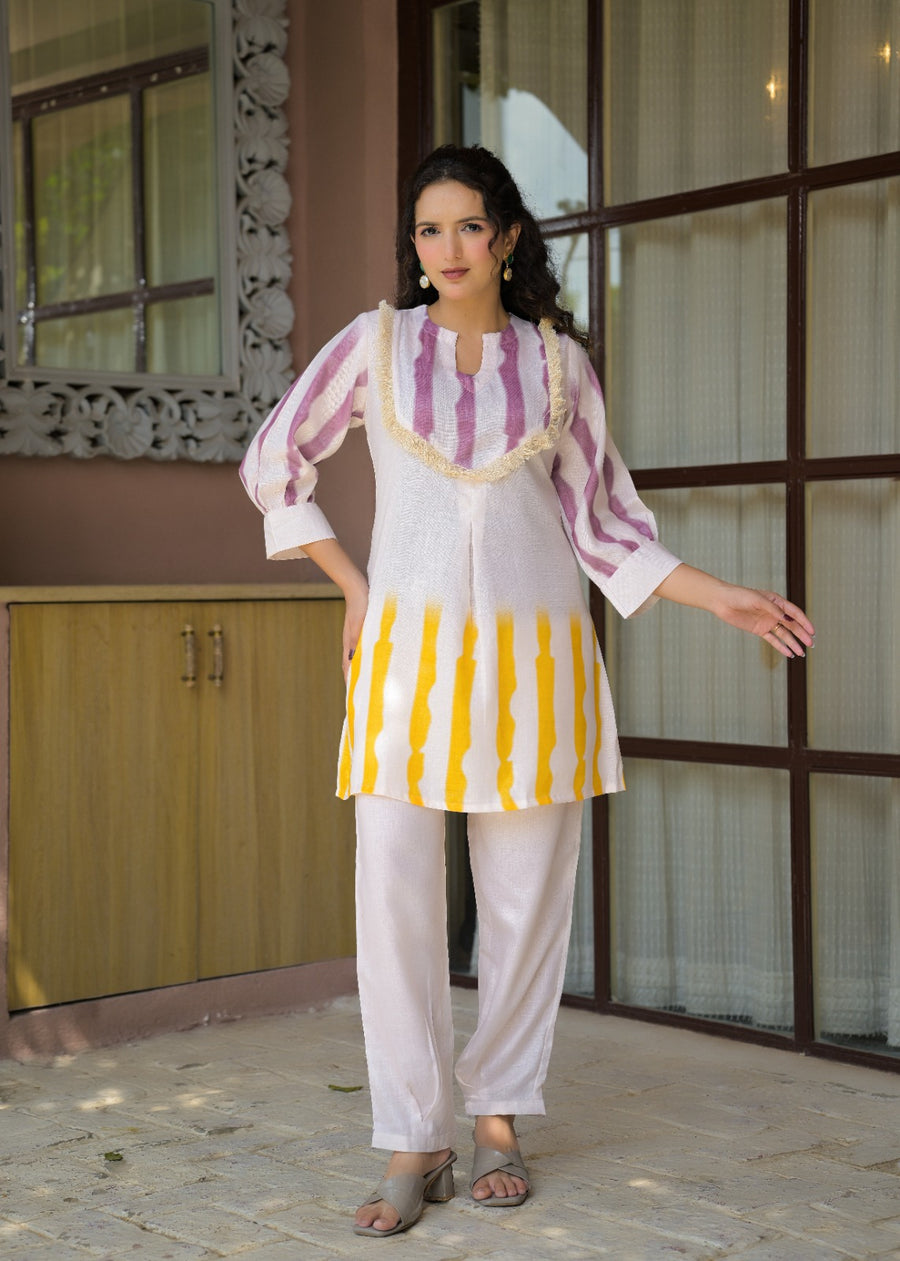 Casual Tie-Dye Yoke & Hem Patterned Tunic Co-ord Set