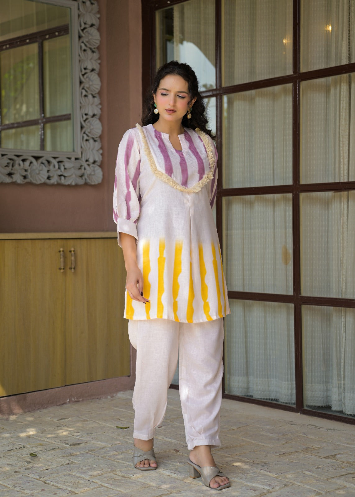 Casual Tie-Dye Yoke & Hem Patterned Tunic Co-ord Set