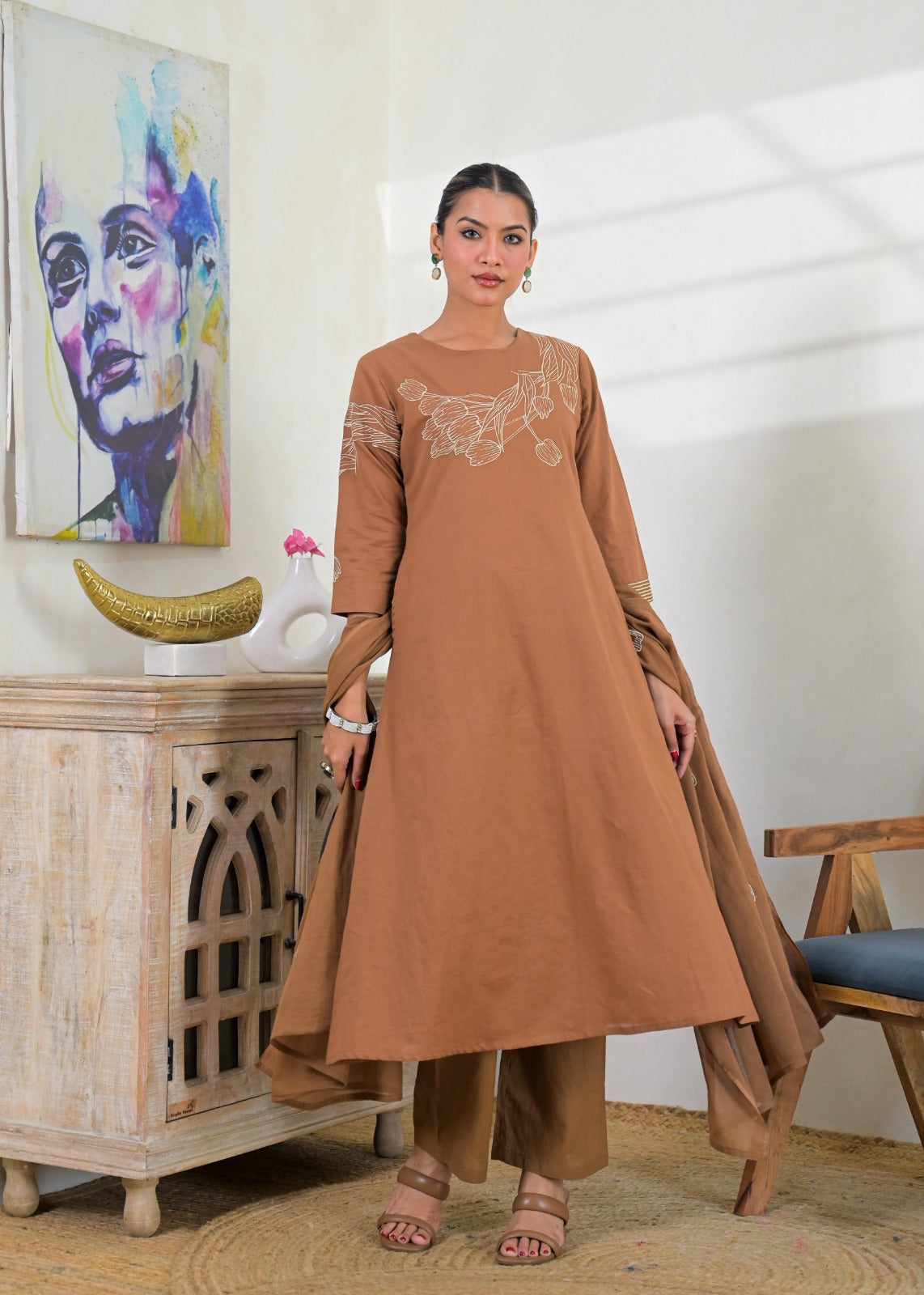 Motif Yoke 3-Piece Kurta Set