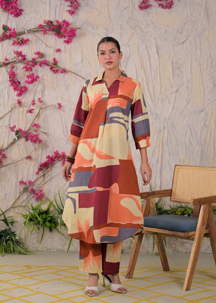 Collared Curved-Hem Tunic Kurta Set