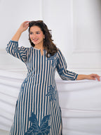 Striped Floral Motif High-Low Kurta Pant Set