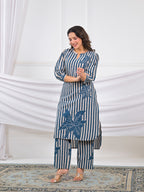 Striped Floral Motif High-Low Kurta Pant Set