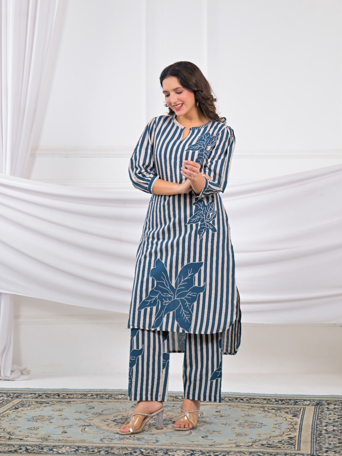 Striped Floral Motif High-Low Kurta Pant Set