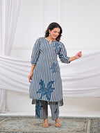 Striped Floral Motif High-Low Kurta Pant Set