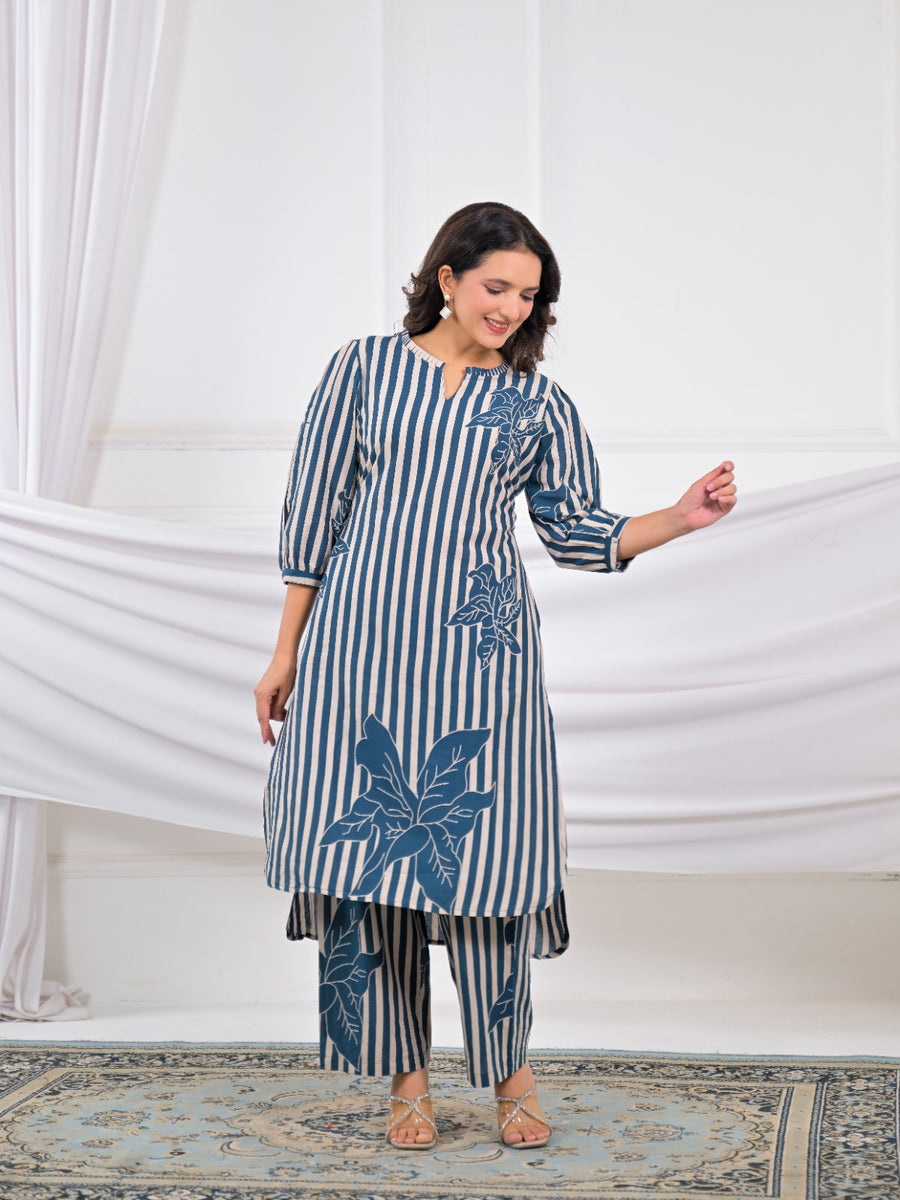 Striped Floral Motif High-Low Kurta Pant Set