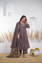 Floral Printed Kurta Set with Embellished Yoke & Dupatta