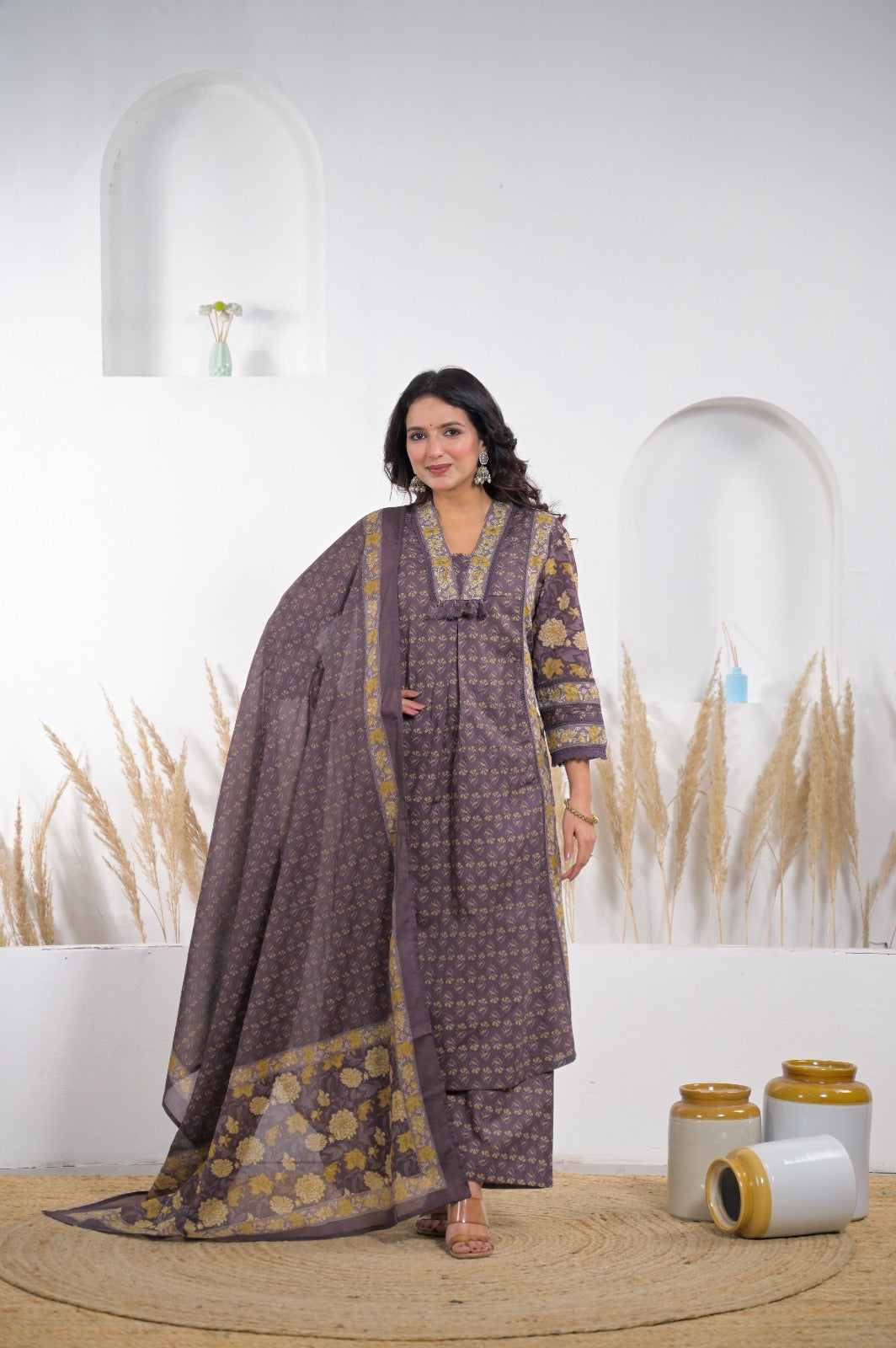 Floral Printed Kurta Set with Embellished Yoke & Dupatta