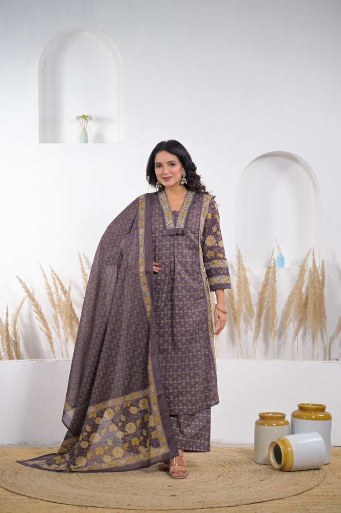 Floral Printed Kurta Set with Embellished Yoke & Dupatta