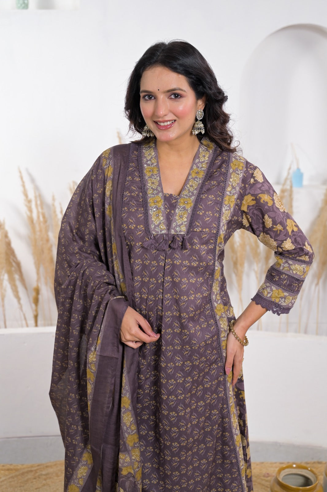 Floral Printed Kurta Set with Embellished Yoke & Dupatta