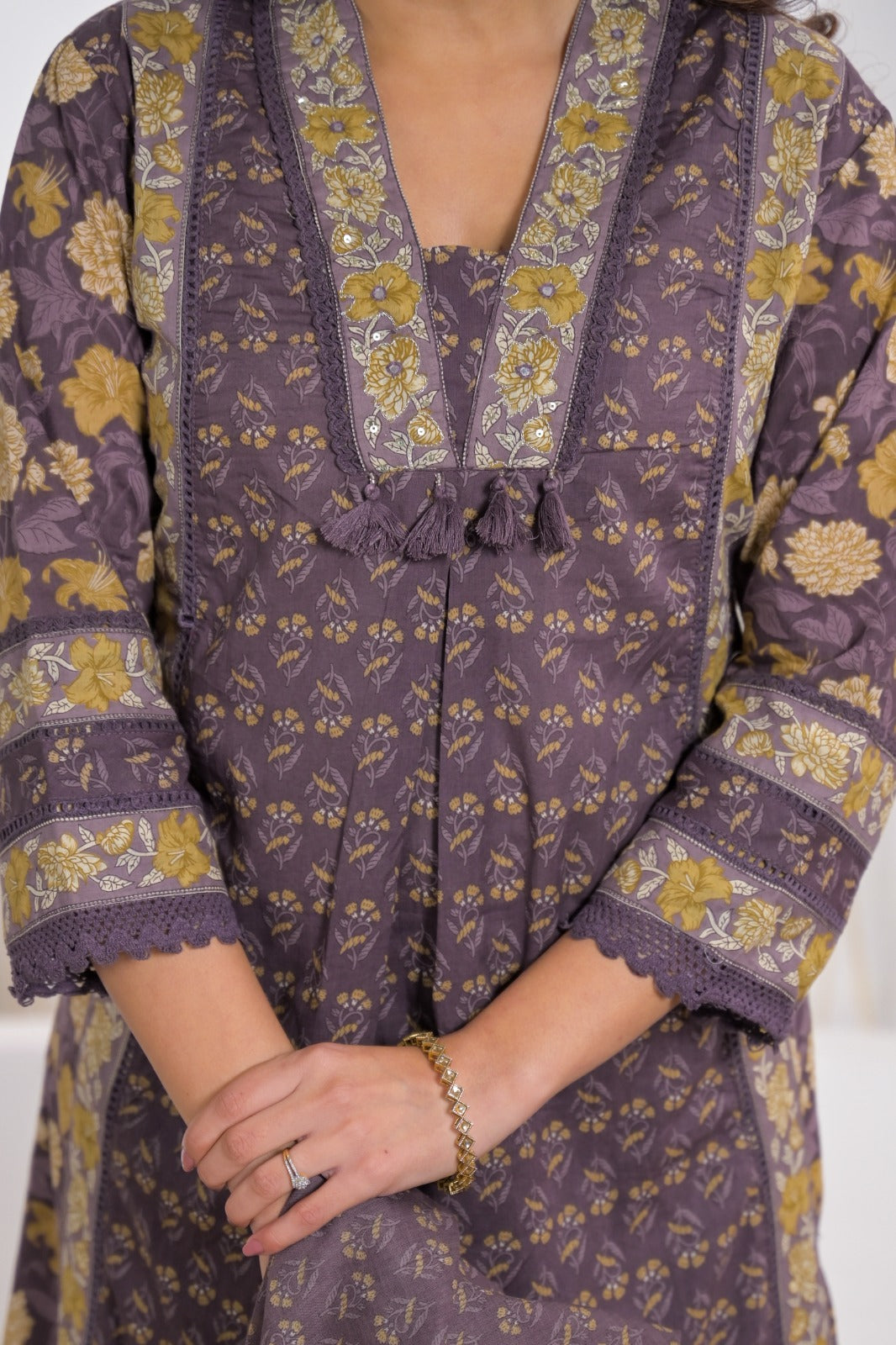 Floral Printed Kurta Set with Embellished Yoke & Dupatta