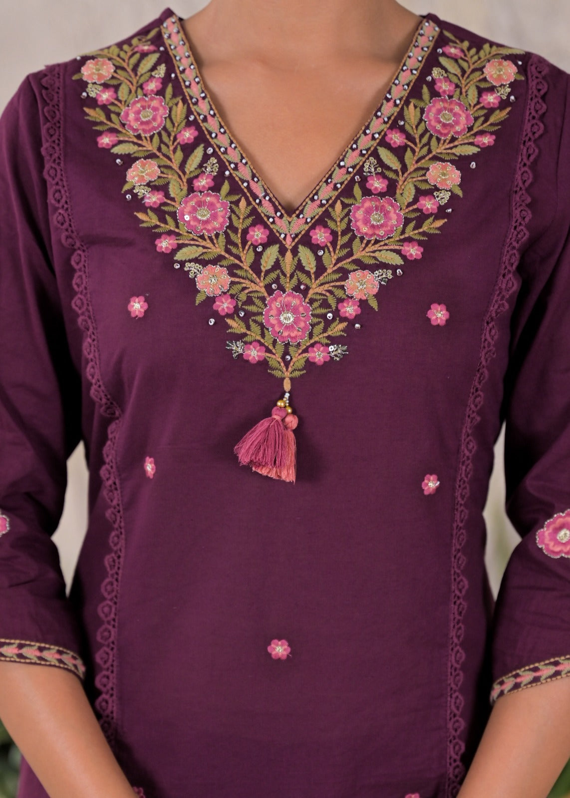 Floral Yoke & Daman Embroidered Straight Kurta Suit Set